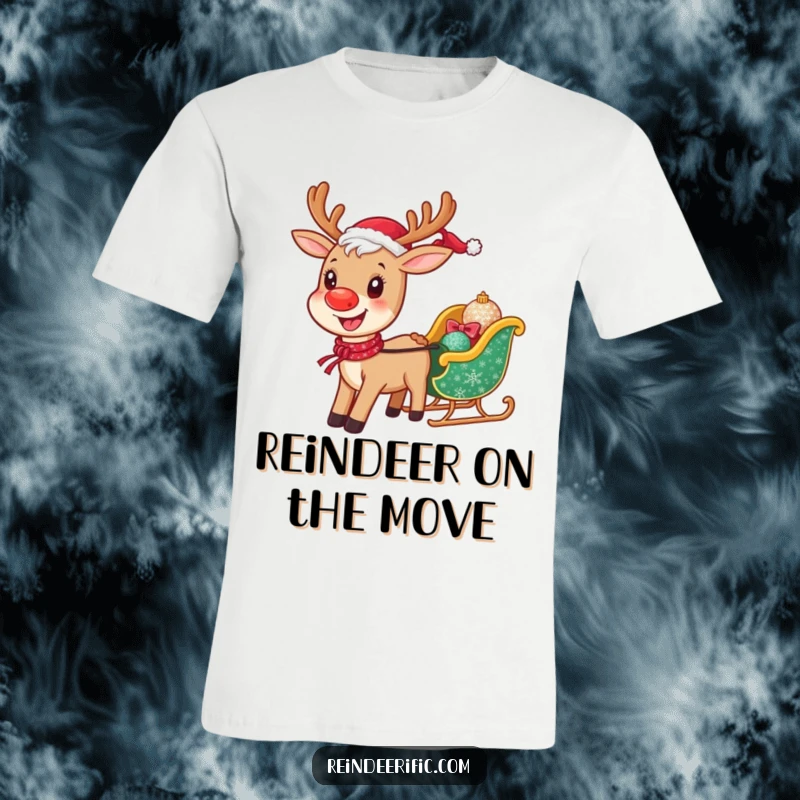 Funny t-shirt with a cheerful reindeer smiling widely while pulling a small, glittering sleigh, embodying holiday merriment.