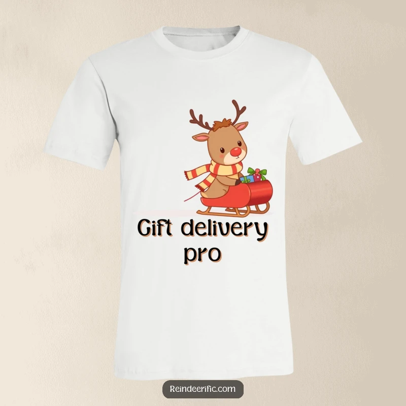 Funny t-shirt graphic of a focused reindeer in a scarf, pulling a sleigh brimming with holiday presents.