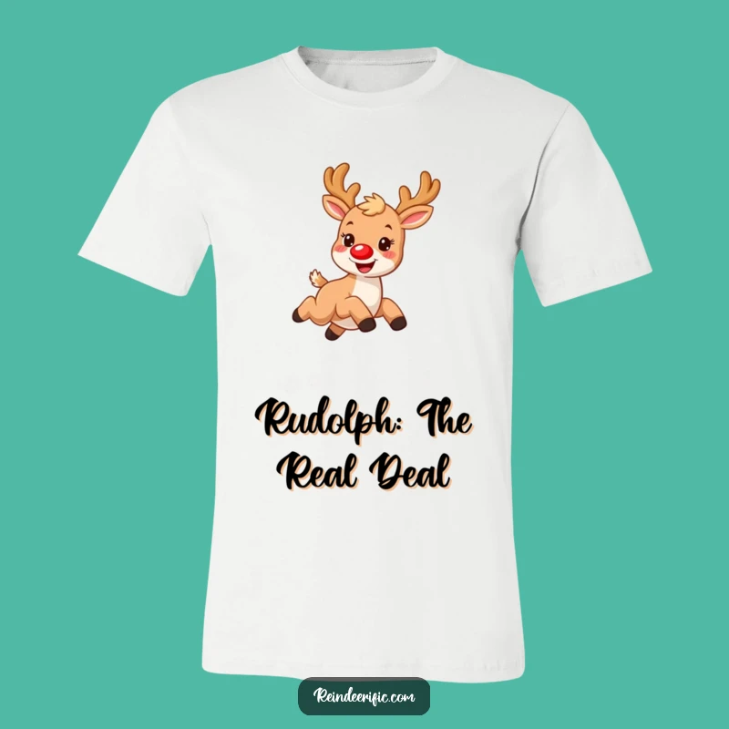 Funny T-Shirt: Adorable Furry Reindeer with Red Nose, Joyful Leaping Design