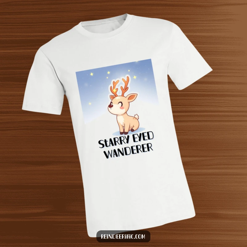 Funny t-shirt graphic of a magical reindeer sprite with luminous antlers, gazing upwards at a vast night sky.