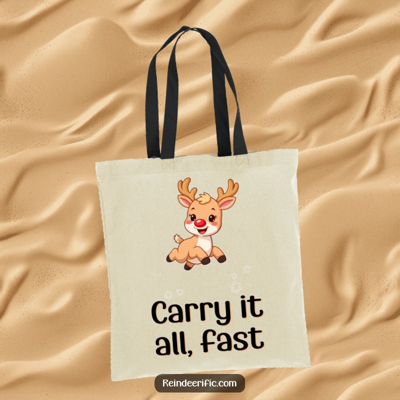 Funny tote bag illustrating a small, furry reindeer with a signature red nose, joyfully leaping amidst winter snowflakes.