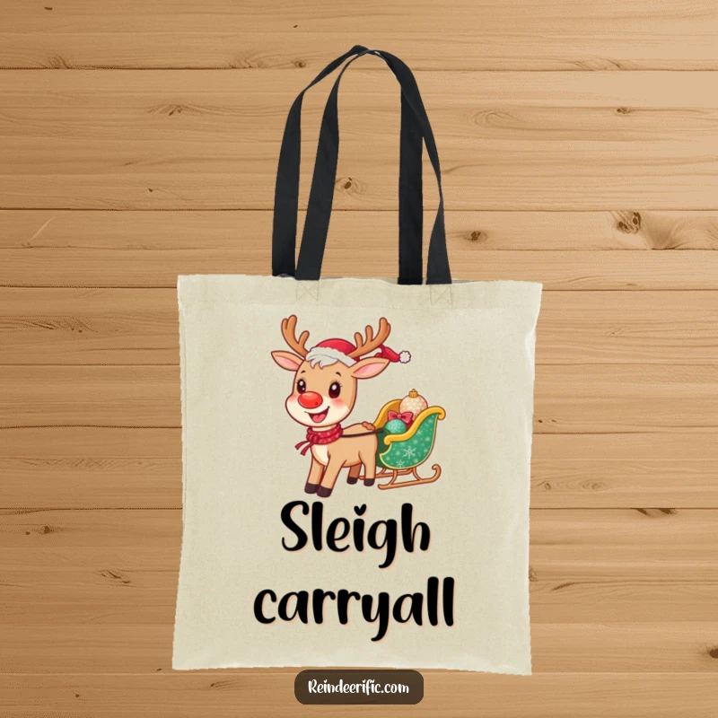 Funny tote bag showcasing a beaming reindeer pulling a tiny, sparkling sleigh, ideal for shopping and holiday errands.