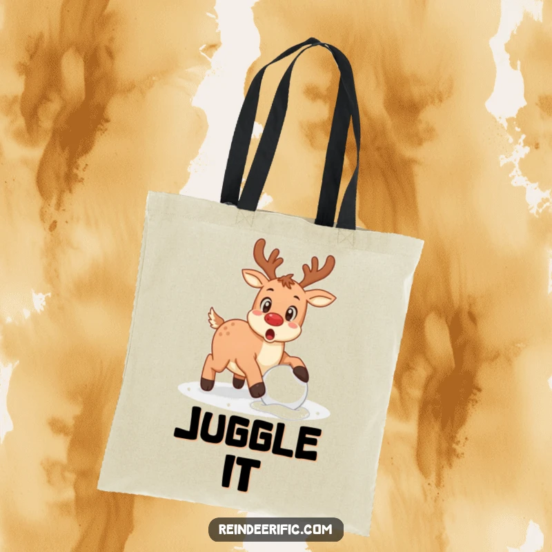 Funny reindeer with a surprised expression caught mid-stumble over a snowball on a durable tote bag.