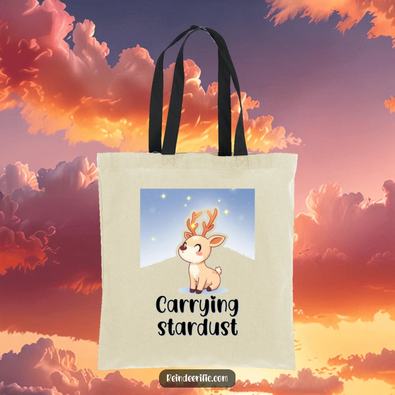 Funny tote bag illustrating a reindeer sprite with glowing, starry antlers, looking up into a beautiful night sky.